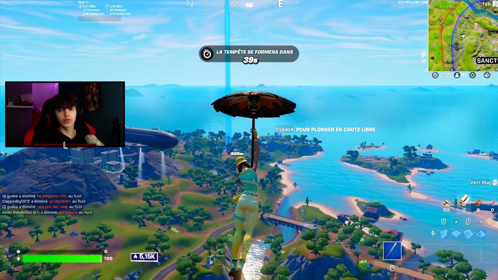 Lucas en live Twitch sur Fortnite, facecam et partie en cours